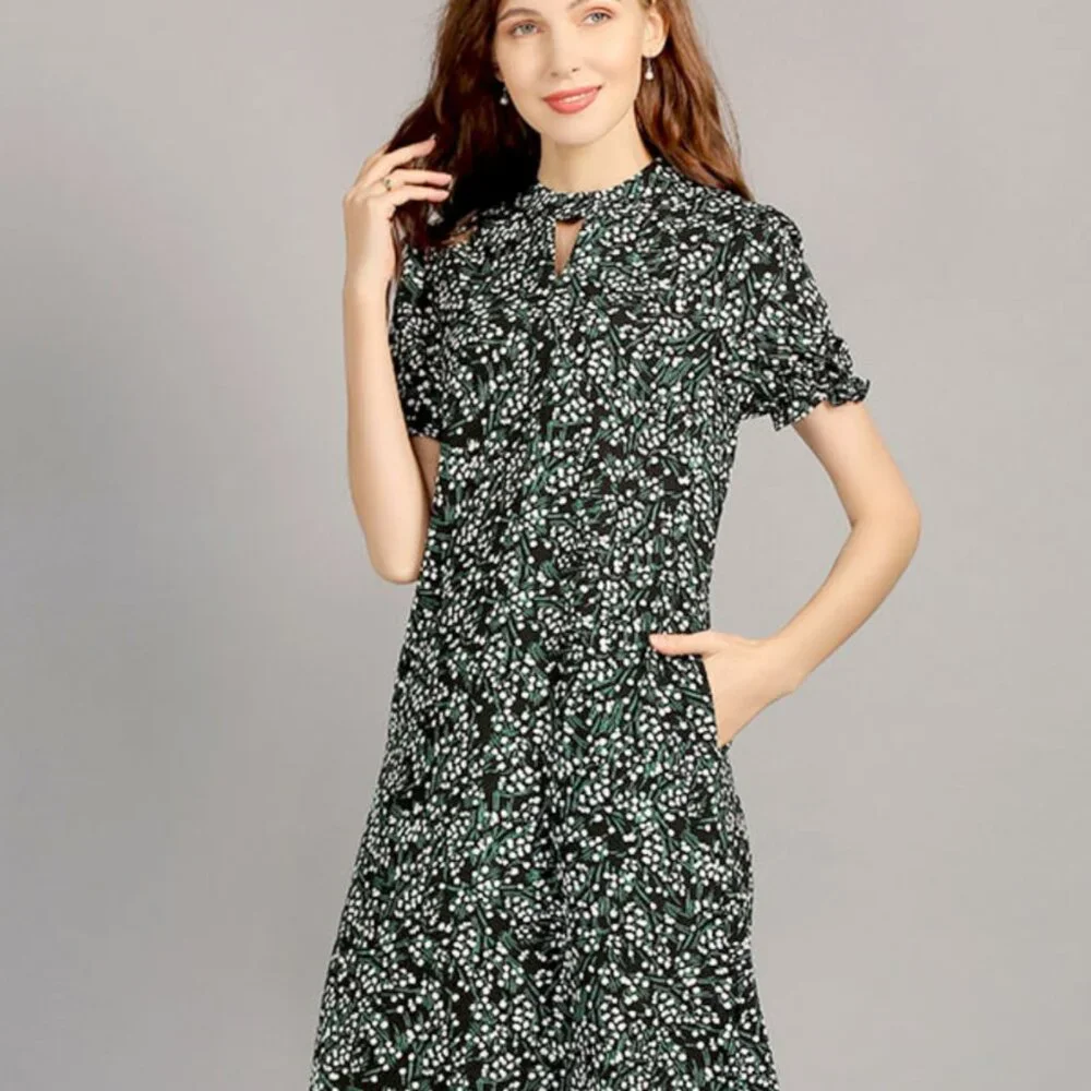 Pocket short sleeve straight over the knee A-line floral dress is slimming - Picture 4 of 5